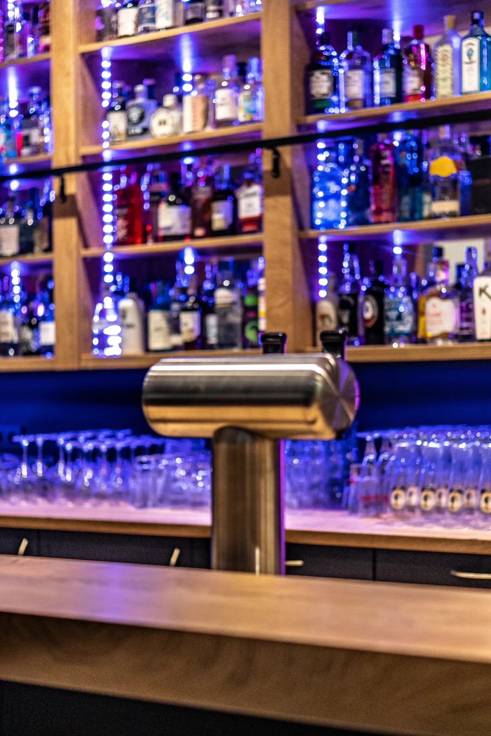 Theke mit beleuchteten Ginregalen