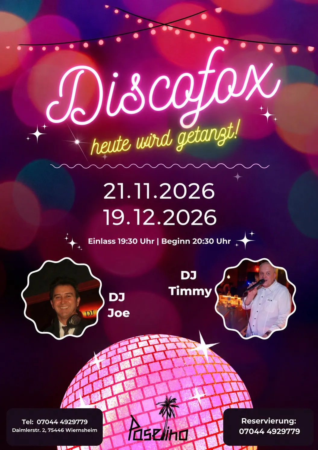 Plakat Discofox mit DJ Joe und DJ Timmy am 21.11. und 19.12.2026