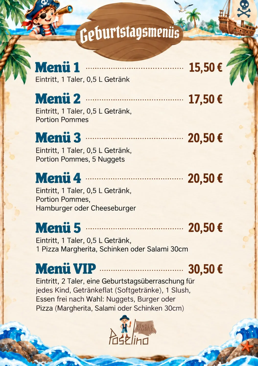 Plakat der Paselino-Geburtstagsmenüs 1 bis 5 und VIP