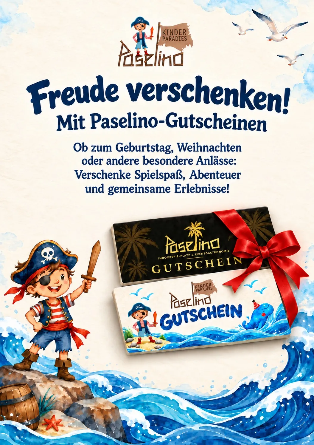 Plakat Paselino-Gutscheine mit dem Paselino-Piraten