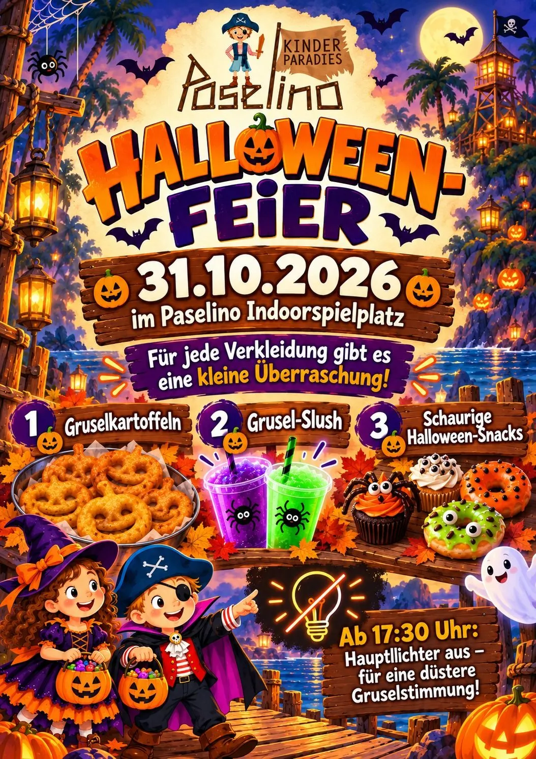 Plakat Halloween-Feier am 31.10.2026 im Paselino Indoorspielplatz